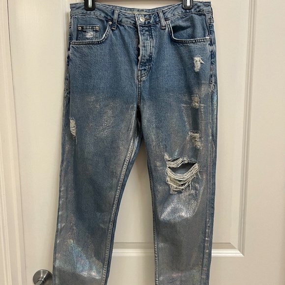 Topshop Moto Hayden Silver Foil Distressed Relaxed Fit Jeans W28 L30 - Picture 1 of 11